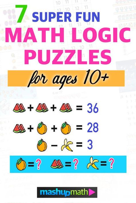 Check out this fun collection of math logic puzzles with answers for ages 10 and up! (Tags: math puzzles, maths puzzles, math riddles, for kids, 3rd grade, 4th grade, 5th grade, 6th grade, 7th grade, 8th grade, grade 3, grade 4, grade 5, grade 6, grade 7, grade 8, homeschool, homeschooling, play with math) Math Logic Puzzles With Answer, Logic Puzzles For Kids, Math Puzzles Brain Teasers, Math Riddles With Answers, Math Riddles Brain Teasers, Intervention Activities, Logic Math, Puzzle Printable, Math Logic Puzzles