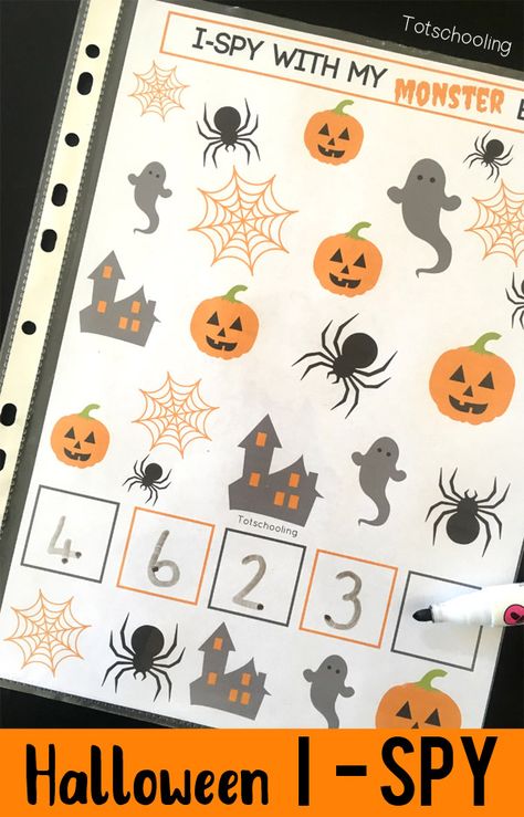 FREE Halloween themed I spy printable game that is perfect for toddlers and preschoolers. Easy to turn into a sensory bin for even more educational fun! I Spy Printable, Halloween Math Activities, Halloween Lesson, Halloween Kindergarten, October Activities, Fall Kindergarten, Halloween Preschool, Halloween Math, Fall Preschool