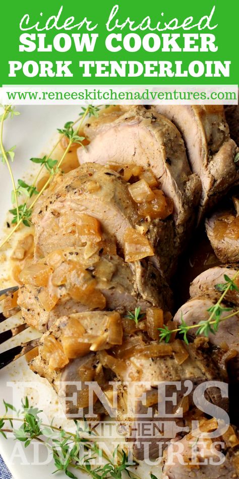 Cider Braised Crock Pot Pork Tenderloin by Renee's Kitchen Adventures is a delicious tender pork meal made with pork tenderloins cooked in the crock pot with apple cider, seasonings, and onions. The sauce is spooned over the sliced pork medallions, making this meal one you'll want to serve often! #RKArecipes Crock Pot Pork Tenderloin, Tender Pork Tenderloin, Apple Cider Sauce, Apple Cider Pork, Honey Remedies, Apple Pork Tenderloin, Crockpot Pork Tenderloin, Cooking Pork Tenderloin, Crock Pot Pork