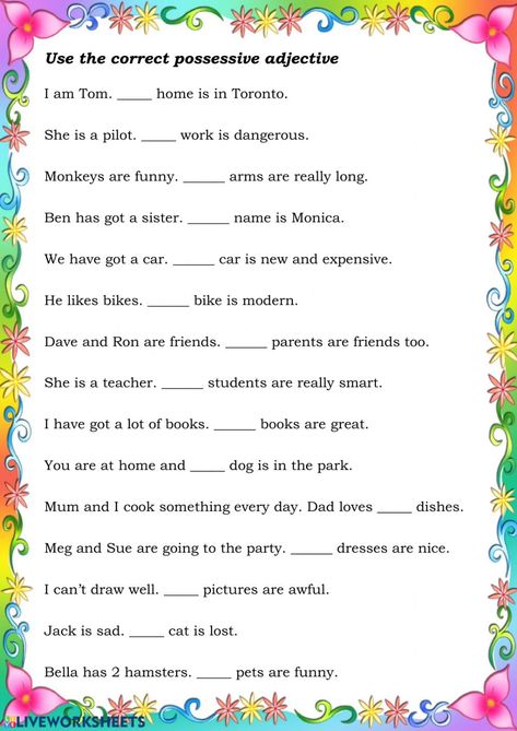 Possessive Adjectives Worksheets Grammar, Possessive Adjectives Worksheets, Adjectives Exercises, English Pronouns, English Language Learning Activities, Free English Worksheets, English Grammar Exercises, English Grammar For Kids, Possessive Adjectives