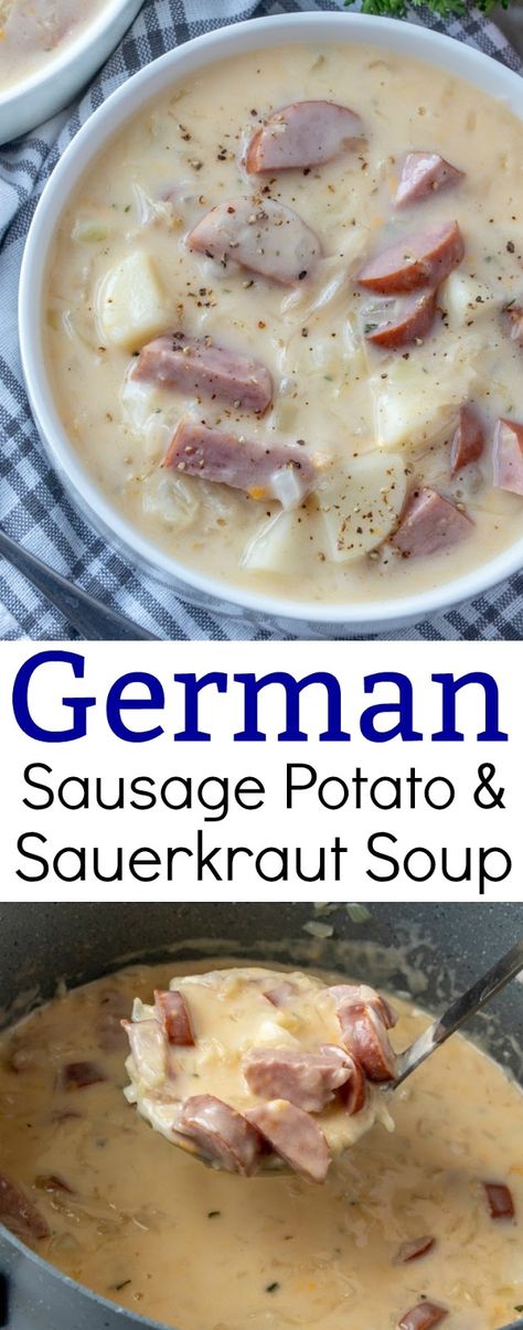 Sausage Potato Sauerkraut, Potato Sauerkraut Soup, German Food Authentic, Sauerkraut Soup, Sausage Potato, German Sausage, 30 Minute Meals Easy, Kielbasa, Soup And Sandwich