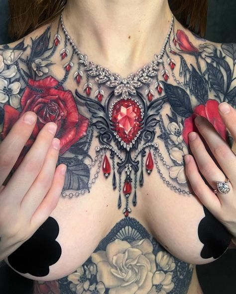 Jewel Chest Piece Tattoo, Jewel Chest Tattoo, Ruby Tattoo Ideas, Ryan Ashley Tattoos, Chest And Shoulder Tattoo, Ryan Ashley Malarkey Tattoos, Ryan Ashley Tattoo, Chest Tattoo Female Upper, Ruby Tattoo