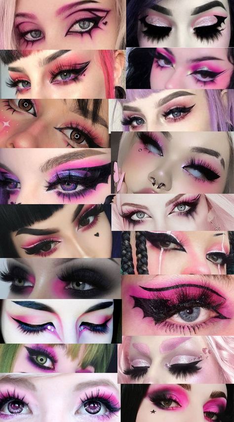 Pink Punk Eye Makeup, Pink Goth Makeup Ideas, Pink And Black Emo Makeup, Goth Kawaii Makeup, Pastel Goth Eye Makeup, Pink Goth Eye Makeup, Emo Princess Makeup, Bright Goth Makeup, Pastel Goth Eyeshadow