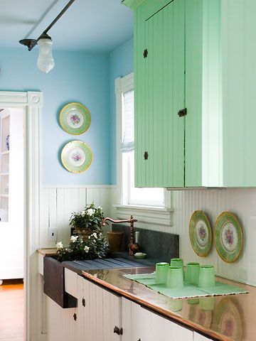 Mint Accent Wall, Copper Countertop, Dark Farmhouse, Accent Wall Kitchen, Mint Green Kitchen, Clawfoot Tubs, Farmhouse Blue, Food Bowls, Green Plates