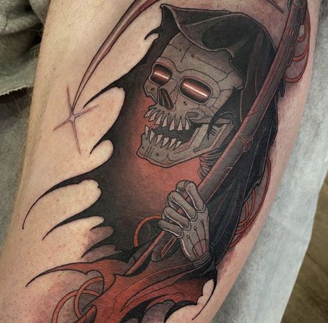 Neo Traditional Reaper Tattoo, Cyberpunk Grim Reaper, Japanese Reaper, Neo Traditional Reaper, Gotik Tattoo, School Japanese, Dragon Tattoo Sketch, Cyberpunk Tattoo, Vampire Tattoo