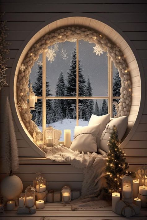 Frame Cabins, Christmas Reading, Round Window, Christmas Bedroom, Christmas Room, Home Decorating Ideas, Aesthetic Home, Decoration Inspiration, Cozy Nook