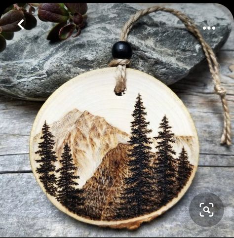 Beginner Wood Burning, Wood Burn Designs, Miniature Landscape, Aspen Wood, Wood Slice Art, Woodburning Projects, Art Ornament, Mountain Decor, Holiday Tree Decorations