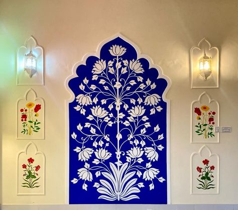 Handpainting on Huge Wall Rajhistani Art, Wall Art, Flowers, Wall, Blue, White, Art