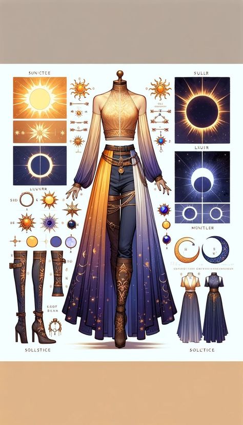 Earth Outfits Drawing, Celestial Witch Art, Moon Fairy Aesthetic Outfit, Solar Punk Fashion, Fantasy Clothing Art, Magical Outfits, Magical Clothing, Lukisan Fesyen, Celestial Dress