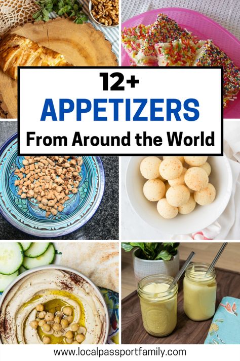 New Year's Eve with Kids: Easy Appetizers From Around the World | Local Passport Family Around The World Charcuterie Board, Around The World Appetizer Party, Finger Foods From Around The World, Easy Around The World Recipes, Around The World Appetizers, Around The World Potluck Ideas, Around The World Menu Ideas, Travel Party Theme Food, International Party Food