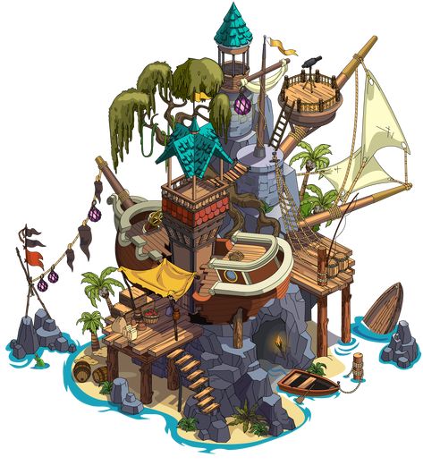 Pirate Building Concept Art, Pirate Island Map, 3d Enviroments, Pirate Treehouse, Fantasy Treehouse, Pirate Island, Dragon House, Fantasy World Map, Boat Art