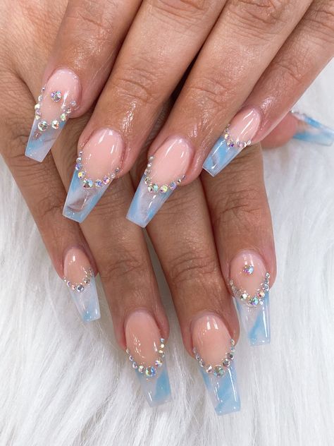 Marble Nails With Rhinestones, Blue Rhinestone Nails, Marble Nails Design, Blue Diamond Nails, Blue Marble Nails, Pink Blue Nails, Grad Nails, Blue And Silver Nails, Nail Picking