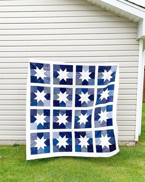 Cotton + Joy 🌸 Fran on Instagram: “It got a little windy yesterday while trying to take a quilt picture but I love it all the same! This navy Joyful Stars is everything I…” Blue Quilt Patterns, Navy Quilt, Amish Quilts, Sampler Quilts, Quilt Of Valor, Picture Quilts, Star Quilt Blocks, Star Quilt Patterns, Star Quilts