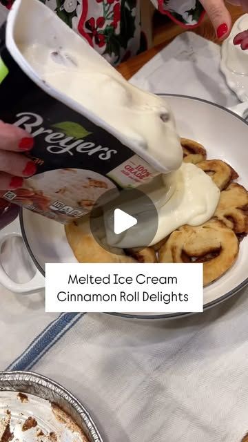 Carmen Johnston Gardens on Instagram: "Melted Ice Cream Cinnamon Roll Delights (with Breyer’s Butter Pecan Ice Cream + Sister Schubert’s Cinnamon Rolls)

Ingredients:
1 pack Sister Schubert’s Frozen Cinnamon Rolls (12 rolls)
1.5 quart Breyer’s Butter Pecan Ice Cream, thawed (you can use any ice cream vanilla etc. but we love the butter pecan)
Optional: Chopped pecans (for topping)
1 package cream cheese icing (usually comes with the rolls)

Instructions:
Prep the Rolls & Ice Cream:
Thaw the ice cream until pourable (30-60 minutes sitting on the countertop or you can melt for a few minutes in the microwave ).
Place frozen or thawed (it does not matter) cinnamon rolls in a greased 9x13-inch baking dish or use my favorite Le Creuset pan.

Soak the Rolls:
Pour half the melted ice cream (about Sister Schubert Cinnamon Rolls Recipe, Frozen Cinnamon Rolls, Sister Schubert, Scones Cinnamon, Ice Cream Vanilla, Melted Ice Cream, Butter Pecan Ice Cream, Pecan Ice Cream, Brunch Drinks