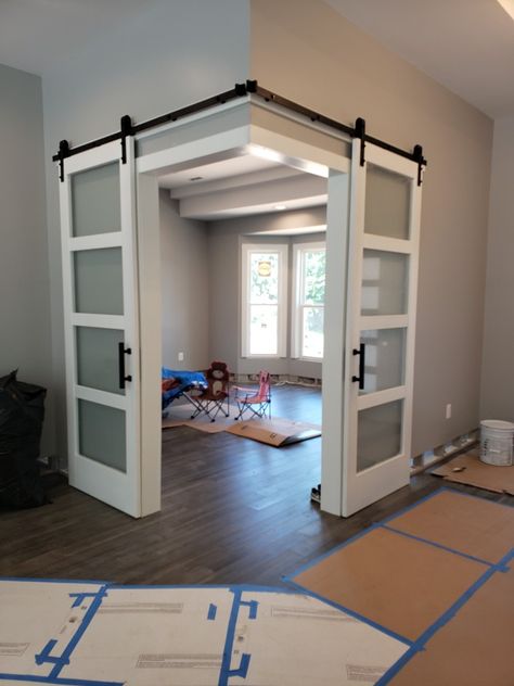 4 Foot Barn Door, Barn Doors Office Space, Corner Office Doors, Corner Opening Sliding Doors, Corner Barn Doors In The House, Corner Door Opening, Bedroom With Door To Outside, Double Barn Doors In The House, Den Door Ideas