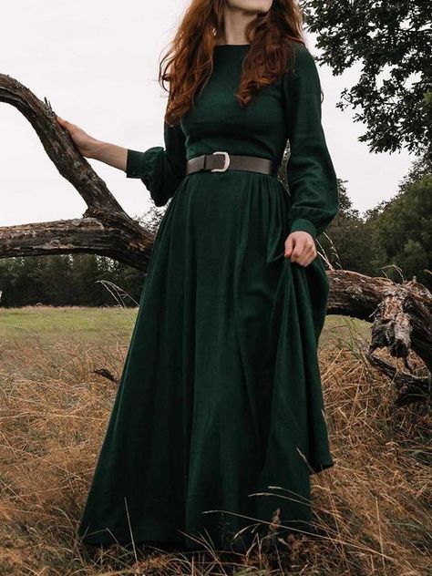 Simple Maxi, Long Sleeve Cotton Dress, Dark Green Dress, Dress Modest, Maxi Dress Outfit, Long Linen Dress, Boat Neck Dress, Retro Pin Up, Medieval Dress