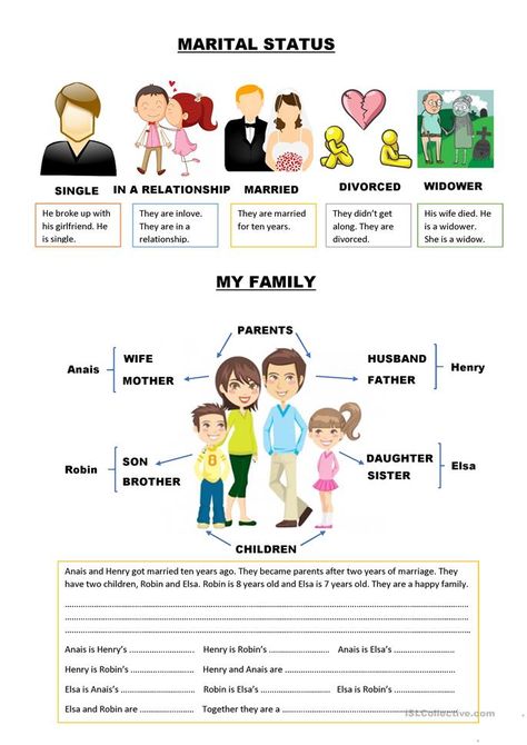 Family members and marital status - English ESL Worksheets for distance learning and physical classrooms Teaching Nouns, Speaking Cards, Status English, Family Tree Chart, Discussion Starters, Close Family, Esl Resources, A Worksheet, English Activities