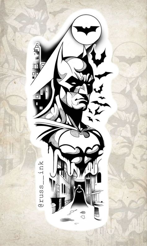 Dc Comics Tattoos Sleeve, Dc Comics Tattoos Ideas, Dc Comics Tattoos, Blackwork Tattoo Design Ideas, Half Sleeve Tattoos Traditional, Batman Tattoo Design, Batman Tattoo Ideas, Batman Tattoos, Pokemon Tattoos