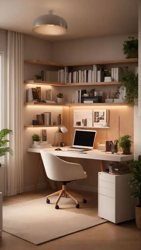 Office And Spare Bedroom Ideas, Small Home Office Ideas For Women, Scandinavian Home Office, Bedroom Home Office Ideas, Dream Office Space, Study Room Small, Home Office Designs, Feminine Home Offices, Minimalist Home Office