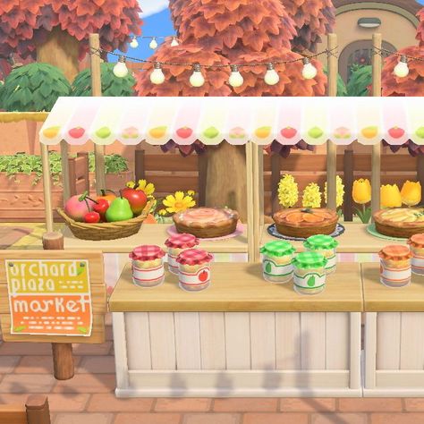 Acnh Orchard Stall Design, Animal Crossing Box Design, Acnh Orchard Design Code, Acnh Stall Market, Acnh Fruit Stand Design, Acnh Juice Stall, Animal Crossing Fruit Market, Stacked Bags Acnh, Acnh Farmers Market Simple Panel