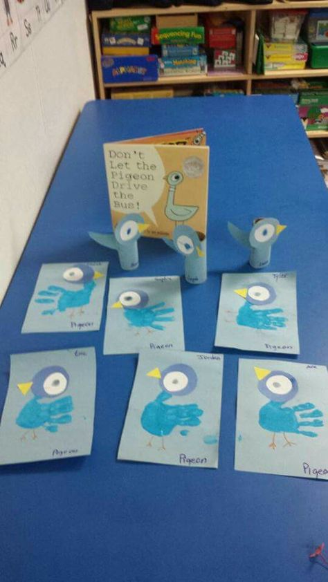 Moe Williams Crafts, Pigeon Preschool Craft, Book Week Crafts For Preschool, Dont Let The Pigeon Drive The Bus Activity, The Pigeon Has To Go To School Activity Preschool, Pigeon Handprint Craft, Don’t Let The Pigeon Stay Up Late Activities, Mo Williams Preschool Activities, Pigeon Book Activities Preschool