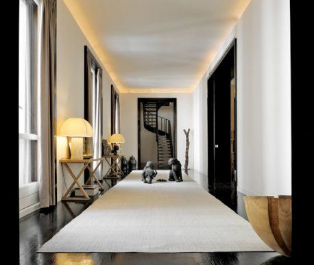 Armani Hallway via NYT Modern Corridor, Potted Boxwood, Lift Lobby, Armani Casa, Armani Hotel, Foyer Ideas, Christian Liaigre, Vogue Living, Entry Hall