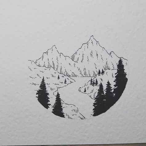 Mountain valley design! #ShirtIdea #MountainDesign Mountain River Tattoo, River Sketch, Landscaping Drawing, River Drawing, River Tattoo, Landscape Sketch, Mountain Valley, Mountain River, Mountain Designs