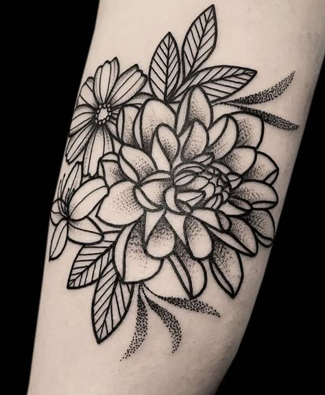 Flowers Elbow Tattoo, Dahlias Tattoo, Elbow Tattoo Flower, Traditional Strawberry Tattoo Black, City And Colour Tattoo, Elbow Flower Tattoos, Black Dahlia Tattoo Design, Floral Elbow Tattoo, Dahlia Tattoo Design