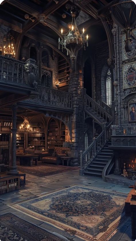 Fantasy Mansion Interior, Dark Regal Aesthetic, Dark Mansion Interior, Gothic Manor Interior, Gothic Castle Aesthetic, Gothic Castle Interior, Harry Potter Interior, Castle Aesthetic Interior, Home Library Aesthetic