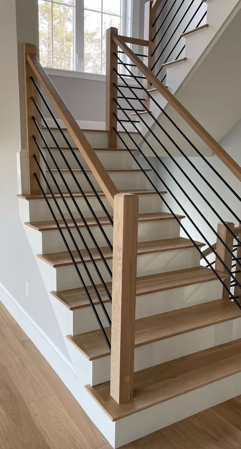 Cedar Stair Railing, Airy Organic Modern Living Room, Wood Stair Railing Ideas Modern, Stair Railing Horizontal, Mcm Stair Railing, Stair Railing Ideas Modern, Modern Stair Case, Farmhouse Stairs, Interior Stair Railing