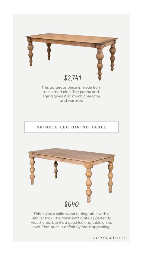 Look for Less Spindle Leg Dining Table - copycatchic Frosted Glass Chandelier, Window Pane Mirror, Pedestal Coffee Table, Reclaimed Pine, Dining Table Legs, Solid Wood Dining Table, Upholstered Ottoman, Marble Coffee Table, Higher Design