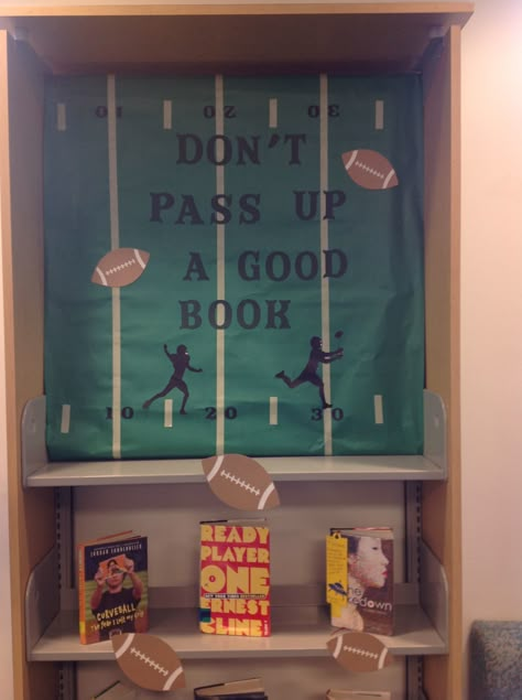 Don't pass up a good book  Football theme Library Football Display, Football Library Theme, Football Reading Bulletin Board, Football Library Display, Reading Sports Theme, Football Classroom Theme, Bookfair Themes, Library Printables, Football Bulletin Boards