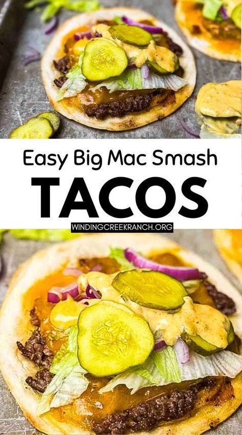 Easy Big Mac Smash Tacos bring the classic Big Mac flavors to taco form! Perfectly seasoned beef, melted cheese, and a zesty sauce in a crispy taco shell. Hamburger Smash Tacos, Low Carb Big Mac Tacos, Big Mac Fries, Big Mac Smash Burger, Big Mac Smash Tacos, Smash Tacos, Smash Burger Tacos, Big Mac Tacos, Homemade Big Mac Sauce