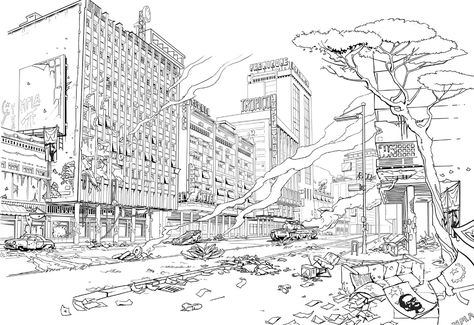 ArtStation - "Another Day of LIfe" concept, Wojciech Ostrycharz Apocalypse City, City Concept Art, Apocalypse Landscape, Sience Fiction, City Scenery, Environment Sketch, Perspective Drawing Architecture, Perspective Drawing Lessons, Perspective Drawing