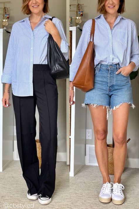 How to wear a button down top for women, how to style button down tops, button down top outfit idea for women Relaxed Button Down Shirt Outfit, Light Blue Button Up Shirt Outfit Work, White Striped Button Down Shirt Outfit, Womens Button Down Outfit, Blue Button Down Outfit Women, Oxford Button Down Women Outfit, Striped Button Shirt Outfit Women, How To Wear Mens Button Up Shirts Women, Striped Oxford Shirt Women Outfit