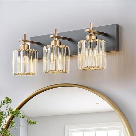 Crystal Bathroom Lighting, Bathroom Light Fixtures Over Mirror, Mirror Crystal, Crystal Bathroom, Bathroom Vanity Lights, Black And Gold Bathroom, Vanity Lights Bathroom, Crystal Wall Lighting, Lights Black