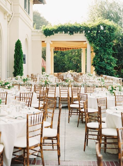 classic chiavari chairs paired with white table cloths and simple white and… English Garden Style, Elegant Chair, Chiavari Chairs, Outdoor Wedding Reception, Tables And Chairs, Outdoor Reception, White Table Cloth, Garden Photography, Garden Table