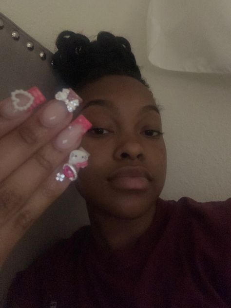 #nails #hellokittynail #pink #y2k (link below for nails) Nails Acrylic Kawaii, Y2k Hello Kitty Nails Short, Y2k Nails Medium Length, Cute Basic Nail Designs, Cute Nails Y2k, Y2k Square Nails, Hello Kitty Short Nails, Hello Kitty Nails Short Charms, Black Hello Kitty Nails