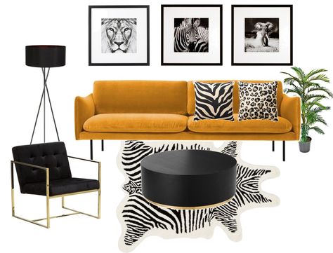 Black White And Orange Living Room, Black And Mustard Living Room, Mustard Couch, Sitting Room Ideas Cozy, White Sofa Pillows, Mustard Living Rooms, Black And White Sofa, Yellow Couch, Gold Sofa