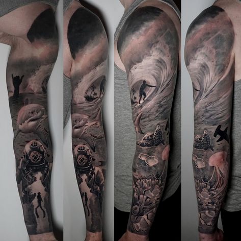 Sea Fish Tattoo Design, Realistic Underwater Tattoos, Mens Ocean Tattoo Sleeve, Surf Tattoo Sleeve, Florida Leg Sleeve Tattoo, Surfer Style Tattoo, Deep Sea Tattoo Sleeve, Black And Grey Ocean Tattoo, Black And White Ocean Tattoo