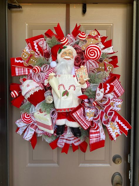 Santa and gingerbread front door wreath, mantle wreath, Christmas wall decor Mantle Wreath, Winter Porch Decor, Door Decor Christmas, Winter Porch, Wreath Winter, Ribbon Wreath, Christmas Wall Decor, Peppermint Candy, Wreath Christmas