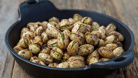 Creole Black Skillet Pistachios | American Pistachio Growers Nola Recipes, Game Day Recipes, Pistachio Recipes, Louisiana Hot Sauce, Finger Food Appetizers, Game Day Food, Wrap Sandwiches, Southern Recipes, Macadamia