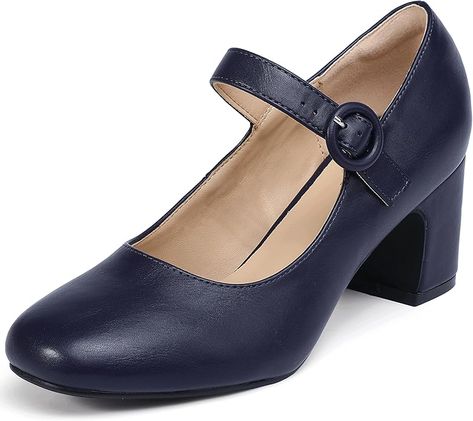 Amazon.com | IDIFU Navy Blue Dress Shoes for Women Mary Jane Pumps Closed Toe Heels Low Short Chunky Block Heels Flight Attendant Cute Round Toe Vintage Small Pumps Heels with Round Buckle(Navy Blue Pu,7) | Pumps Shoes For Women Wedding, Navy Blue Dress Shoes, Dress Shoes For Women, Closed Toe Heels, Womens Mary Janes, Block Dress, Mary Jane Pumps, Chunky Block Heels, Mary Jane Heels