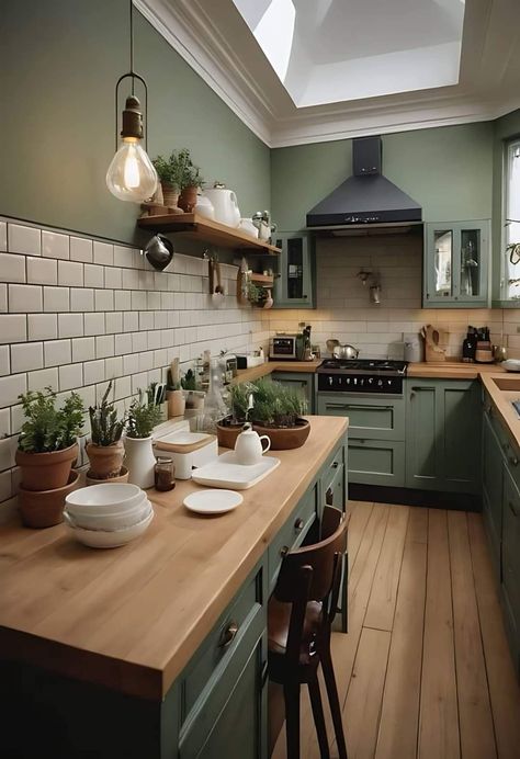 Kitchen With Backdoor, Sage Green Kitchen Wall Decor Ideas, Small Craftsman Kitchen Ideas, Cottage Core Cabinets, Rambler Renovation, Cozy Kitchen Island, Olive Kitchen, Olive Green Kitchen, Green Kitchen Walls