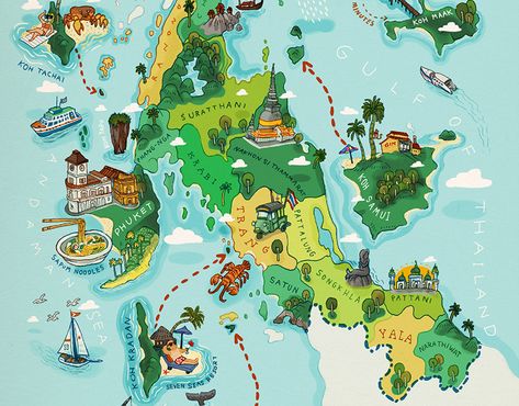 A TWIST OF THAILAND on Behance Florida Islands, Dessin Game Of Thrones, Maps Design, Thailand Map, Travel Infographic, Infographic Map, Hand Drawn Map, Drawn Map, Tourist Map