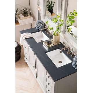 Charcoal Soapstone, White Double Vanity, Silestone Countertops, Shelves For Storage, White Faucet, James Martin Vanity, Quartz Vanity Tops, Wood Backsplash, Raised Panel Doors