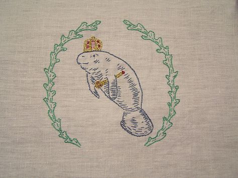 Queen Manatee by sandySTC on Flickr. Manatee Embroidery, Stitching Art, Hoop Art, Metallic Thread, Embroidery Projects, Embroidery Applique, Cross Stitch Embroidery, Embroidery Stitches, You Never