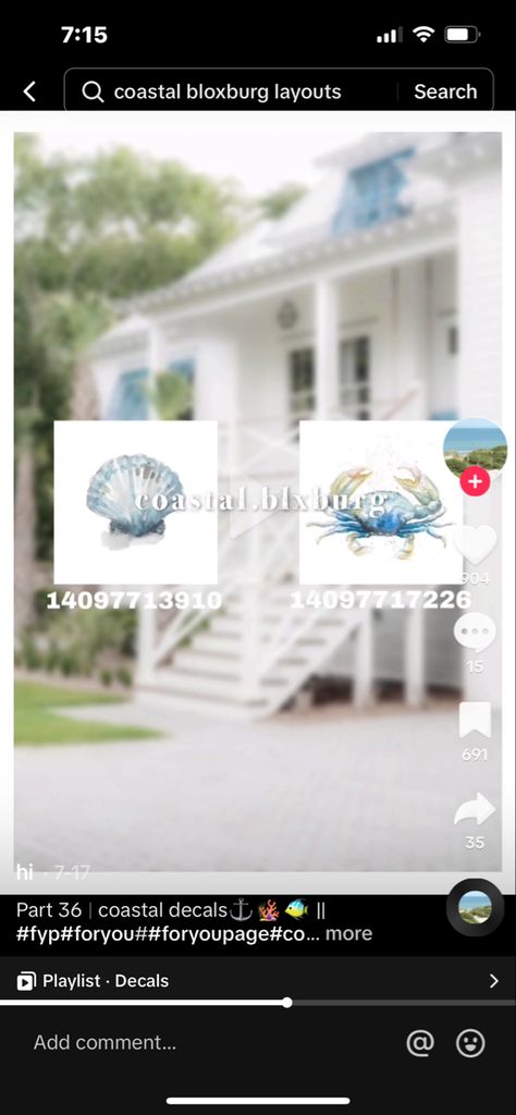 Bloxburg Coastal Decal Code, Blocksburg Coastal Decals, Costal House Bloxburg Decals, Beach House Sign Decal Bloxburg, Coastal Decal Codes, Coastal Pictures, Picture Codes, Roblox House, Blocksburg Room Ideas￼