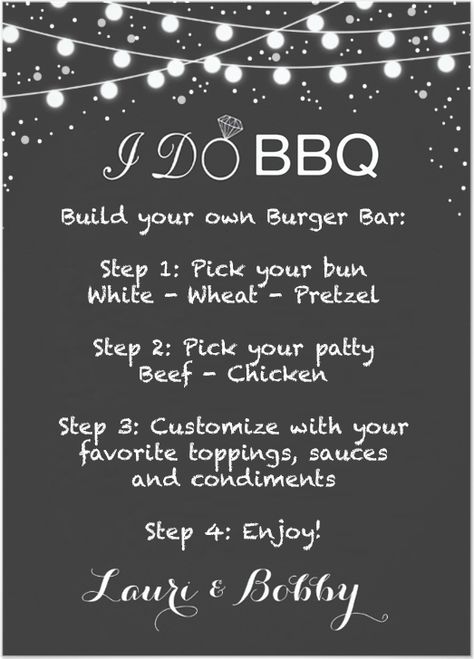 I Do BBQ themed build your own burger bar sign Burger Bar Sign, Build Your Own Burger Bar, Wedding Tables Decor, Bbq Wedding Ideas, Build Your Own Burger, Backyard Bbq Wedding, Burger Party, Couple Wedding Shower, I Do Bbq