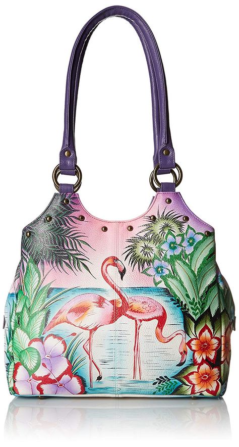 Anna by Anuschka Women's Genuine Leather Triple Compartment Medium Satchel | Zip-Top  Organizer ** You can get additional details at the image link. (This is an affiliate link) Painted Leather Purse, Flamingo Fashion, Hand Painted Purses, Painted Purse, Inspired Handbags, Tropical Flamingo, Link Click, Handbags Affordable, Hand Painted Leather